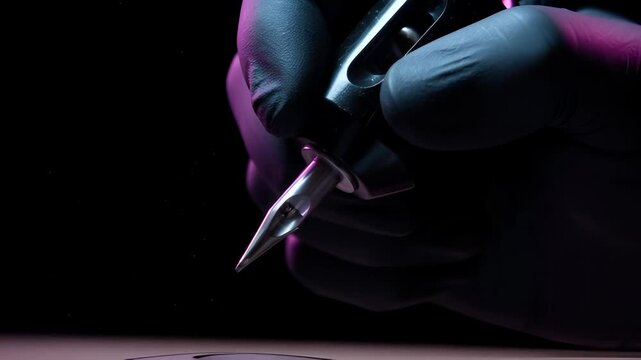 Professional tattoo master preparing the machine for work on a black background. A gloved hand dips the sterile needle into a cap with black ink for a new body art design