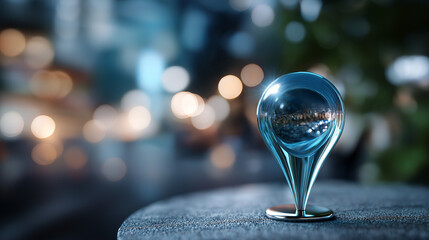 Light blue glassy map pin icon heavily defocused background location marker visualization geographic interface element navigation technology symbol digital mapping