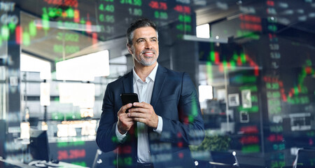 Happy stock investor or trader, financial adviser analyzing financial trading crypto market...