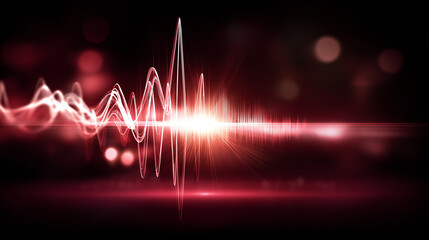 White audio waveform pulses against dark red backdrop heavily defocused background symbolizing sound waves in digital music recording software interface visualization acoustic