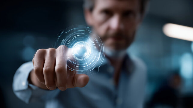 Faceless man using futuristic holographic interface heavily defocused background anonymous professional approving project digital transformation quality control business - Powered by Adobe