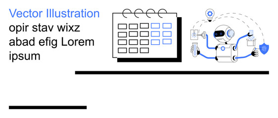 Time management, workflow optimization, AI advancement, productivity tools, scheduling, task automation. A robot interacts with a calendar and tech icons. Time management and workflow optimization
