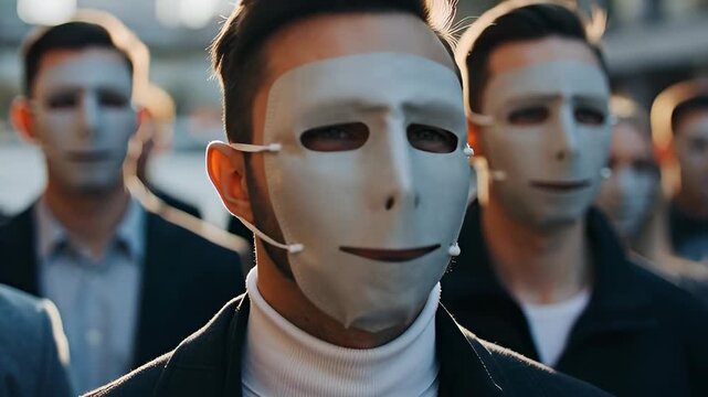 Anonymous crowd of corporate workers wearing identical white masks on a city street. A conceptual representation of conformity, loss of identity and a dystopian society
