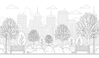 a detailed black and white line drawing showcases a cityscape with trees in the foreground park benches and a clear sky above creating a peaceful