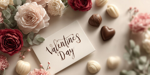 Romantic flat lay with valentines day decorations and flower arrangement