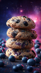 Blueberry cookies stacked high amidst a cosmic backdrop of stars and sweetness