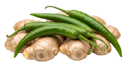 Pile of fresh green chili peppers and ginger roots isolated on transparent background