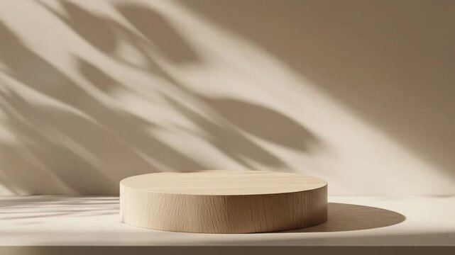 Minimalist product display stage a round wooden podium with leaf shadows on a beige wall