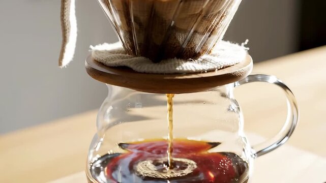 Brewing Fresh Coffee Using a Pour Over Method in a Glass Carafe.