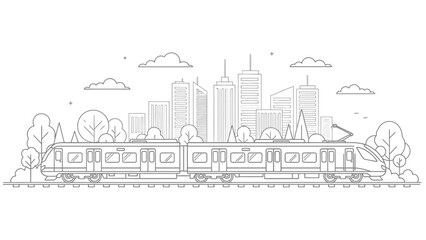 a detailed line art illustration depicts a modern commuter train traveling through a stylized cityscape with prominent skyscrapers and fluffy clouds high quality