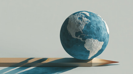 Global power shifts illustrated through a pencil balancing the world