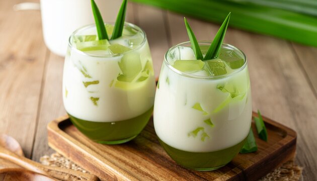 Close-up of freshly poured Indonesian es cendol dawet in clear glasses with creamy coconut milk and green jelly, showcasing a refreshing traditional dessert drink in natural light.