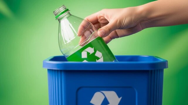 Hand putting plastic bottle with recycling label into blue recycling bin against green background