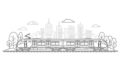 a detailed black and white line drawing depicts a train traveling through a city landscape with tall buildings and trees high quality professional © rsvect02