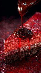 Delightful red glittery cheesecake slice with tempting chocolate drizzle
