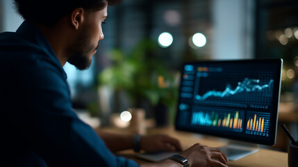 Faceless professional analyzing data insights heavily defocused advanced analytics dashboard background anonymous worker using interface visualization business intelligence