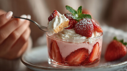 Enjoying a delightful dessert with fresh strawberries and cream at a cozy cafe