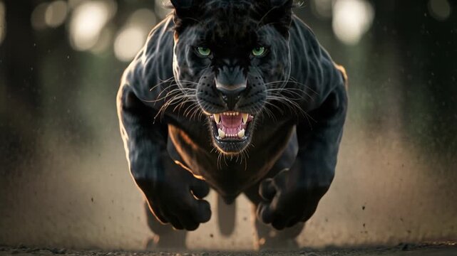 Aggressive black panther leaping forward with claws extended and green eyes glowing in dark forest