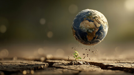 Tiny green sprout pushes through cracked earth as the planet Earth hovers above