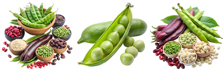 Set of beans pods and beans healthy food isolated on a transparent background