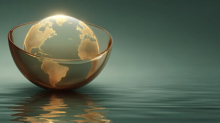 Golden Earth globe rests in a glass bowl floating on rippling water surface