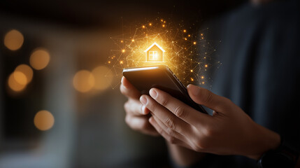 Faceless hands holding smartphone displaying glowing digital house model heavily defocused background with network lines anonymous user with smart home tech innovation digital
