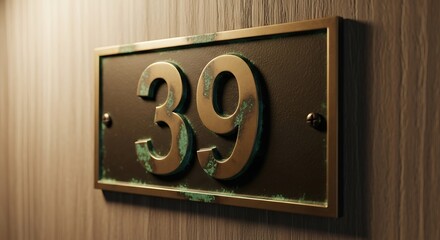 A weathered brass house number 39 affixed to a textured wooden wall.