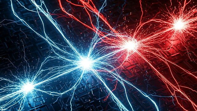 Electrical discharges illumin Page era Page energy sparks in a vibrant display of blue and red light