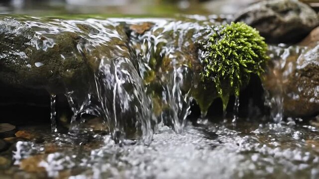 Closeup of a small waterfall in a forest stream with clear flowing water over mossy rocks.