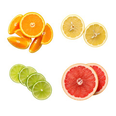 Fototapeta premium Assortment of citrus fruits including oranges, lemons, limes, and grapefruits isolated on transparent background