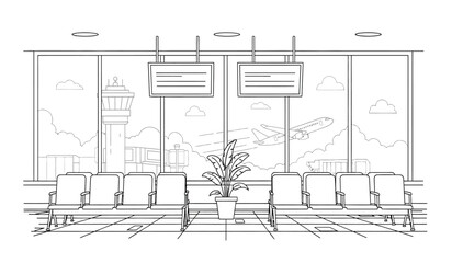 a detailed line drawing depicts an airport waiting area with rows of chairs a view of the runway and air travel elements © rsvect02