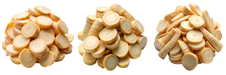 Set of pile of sliced parsnips isolated on a transparent background