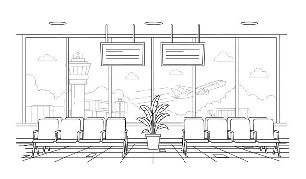 a detailed line drawing depicts an airport waiting area with rows of chairs a view of the runway and air travel elements