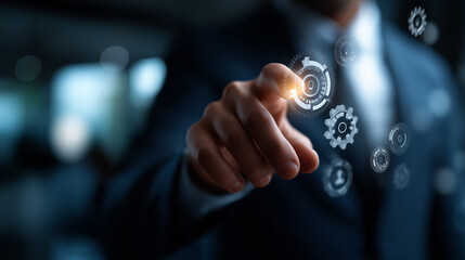 Fototapeta premium Faceless man touching digital interface with gears heavily defocused background anonymous person with business icons floating in foreground workflow automation visualization
