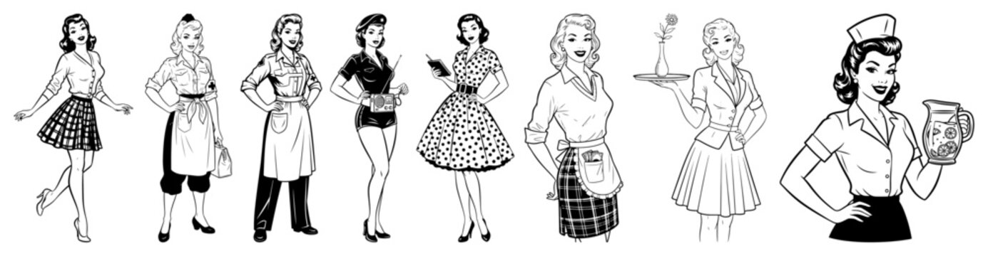 Set of retro waitresses and housewives from the 1950s Beautiful women in vintage clothes vector illustration