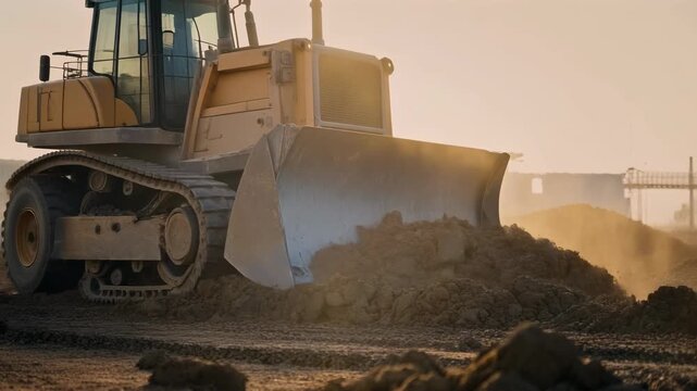 Sequence of a powerful bulldozer moving soil on a large construction project. Heavy duty machinery grading the land for infrastructure development during a golden hour sunset