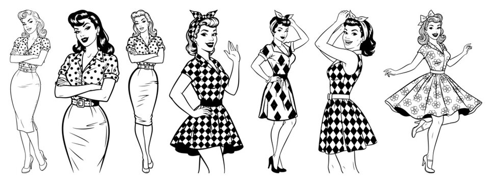 Collection of beautiful pin-up girls in retro dresses Vintage 1950s rockabilly style women vector characters set