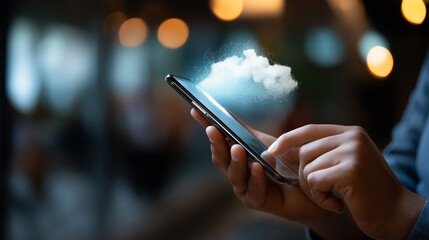 Seamless cloud data management on smartphone heavily defocused modern business technology background mobile interface connectivity digital storage access contemporary tech