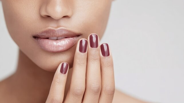 Elegant close-up of woman's face and manicured hand with natural makeup - Powered by Adobe