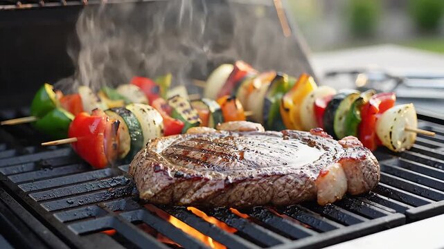 Delicious steak and vegetable skewers grilling on a barbecue with smoke rising perfect for a summer cookout.