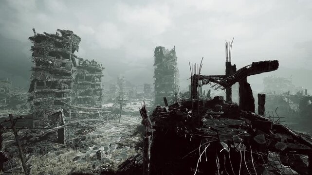 crumbling tower lookout at dusk overlooking ruined blocks and ashfilled horizon makeshift scaffolds and antennae frame silhouette, suggesting salvage