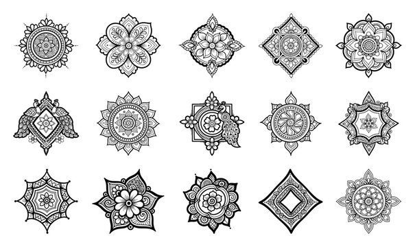 Set of beautiful mandala patterns Indian henna style ornamental designs with floral and peacock elements Ethnic mehndi vector collection