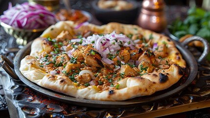 A flatbread dish with chicken, onions, and herbs served on a metal plate with handles and other dishes