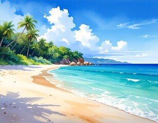 Idyllic tropical beach with turquoise water and palm trees on a sunny day with fluffy clouds