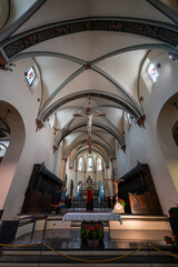Interior of Aosta Cathedral nave and altar - Aosta, Italy