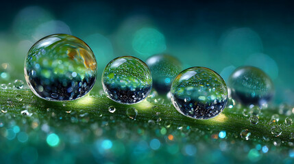 Naklejka premium Macro view of dew drops on a green leaf reflecting the vibrant colors of nature