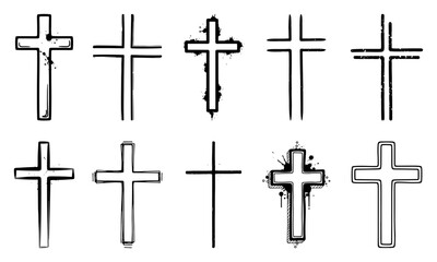 Hand drawn Christian cross vector icon set doodle crucifix religious symbol collection