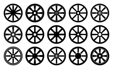 Fototapeta premium Set of wooden wagon wheel icons Collection of old vintage cart wheels vector silhouettes