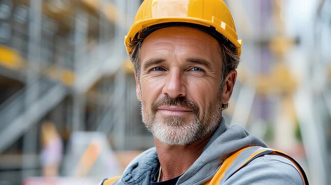 Portr&auml;t eines erfahrenen Bauarbeiters mit Schutzhelm auf der Baustelle