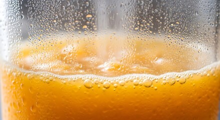 Refreshing bubbly orange drink with condensation on glass